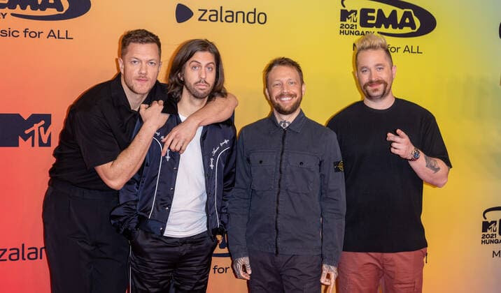November 14, 2021, Budapest, Hungary: Dan Reynolds (l-r), Daniel Wayne Sermon, Ben McKee and Daniel Platzman of Imagine Dragons attend the 2021 MTV EMAs, Europe Music Awards, at Papp Laszlo Budapest Sports Arena in Budapest, Hungary, on 14 November 2021. Photo: Budapest Hungary - ZUMAm179 20211114_zep_m179_066 Copyright: xAlecxMichaelx