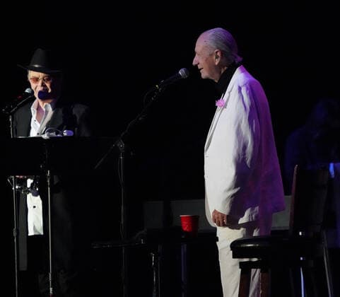 November 15, 2021, Los Angeles, CA, USA: Musician-Actors-MICHAEL NESMITH and MICKY DOLENZ on stage together for the last time as they wrapped up the Monkees 2021 Farewell Tour at the Greek Theater, Los Angeles, CA, USA, November 14, 2021. his farewell tour will mark the end of a unique project that began in 1965 when four young men were cast in a television show about a struggling rock band that was inspired by the BeatlesÃ¢â‚¬â ¢ A Hard DayÃ¢â‚¬â ¢s Night. Few could have predicted the impact The Monkees would have on music and pop culture at large, one that still reverberates more than 50 years later...Formed in Los Angeles for the eponymous television series, the quartet of Dolenz, Nesmith, the late Peter Tork and the late Davy Jones bro - ZUMAmt3_ 20211115_zaf_mt3_002 Copyright: xScottxMitchellx
