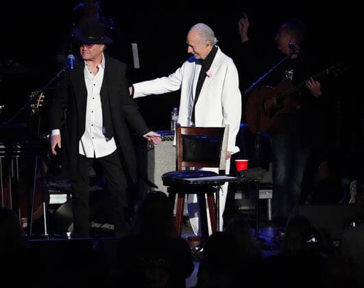 November 15, 2021, Los Angeles, CA, USA: Musician-Actors-MICHAEL NESMITH and MICKY DOLENZ on stage together for the last time as they wrapped up the Monkees 2021 Farewell Tour at the Greek Theater, Los Angeles, CA, USA, November 14, 2021. his farewell tour will mark the end of a unique project that began in 1965 when four young men were cast in a television show about a struggling rock band that was inspired by the BeatlesÃ¢â‚¬â ¢ A Hard DayÃ¢â‚¬â ¢s Night. Few could have predicted the impact The Monkees would have on music and pop culture at large, one that still reverberates more than 50 years later...Formed in Los Angeles for the eponymous television series, the quartet of Dolenz, Nesmith, the late Peter Tork and the late Davy Jones bro - ZUMAmt3_ 20211115_zaf_mt3_003 Copyright: xScottxMitchellx