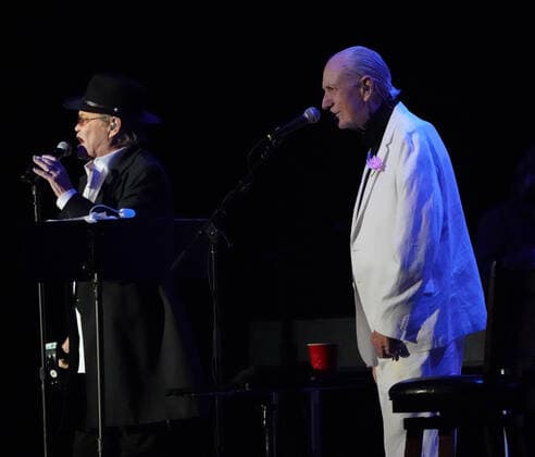 November 15, 2021, Los Angeles, CA, USA: Musician-Actors-MICHAEL NESMITH and MICKY DOLENZ on stage together for the last time as they wrapped up the Monkees 2021 Farewell Tour at the Greek Theater, Los Angeles, CA, USA, November 14, 2021. his farewell tour will mark the end of a unique project that began in 1965 when four young men were cast in a television show about a struggling rock band that was inspired by the BeatlesÃ¢â‚¬â ¢ A Hard DayÃ¢â‚¬â ¢s Night. Few could have predicted the impact The Monkees would have on music and pop culture at large, one that still reverberates more than 50 years later...Formed in Los Angeles for the eponymous television series, the quartet of Dolenz, Nesmith, the late Peter Tork and the late Davy Jones bro - ZUMAmt3_ 20211115_zaf_mt3_004 Copyright: xScottxMitchellx