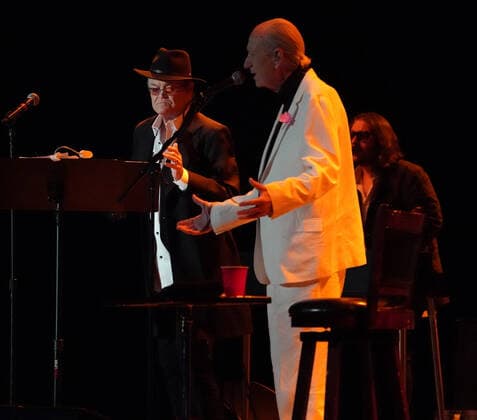 November 15, 2021, Los Angeles, CA, USA: Musician-Actors-MICHAEL NESMITH and MICKY DOLENZ on stage together for the last time as they wrapped up the Monkees 2021 Farewell Tour at the Greek Theater, Los Angeles, CA, USA, November 14, 2021. his farewell tour will mark the end of a unique project that began in 1965 when four young men were cast in a television show about a struggling rock band that was inspired by the BeatlesÃ¢â‚¬â ¢ A Hard DayÃ¢â‚¬â ¢s Night. Few could have predicted the impact The Monkees would have on music and pop culture at large, one that still reverberates more than 50 years later...Formed in Los Angeles for the eponymous television series, the quartet of Dolenz, Nesmith, the late Peter Tork and the late Davy Jones bro - ZUMAmt3_ 20211115_zaf_mt3_006 Copyright: xScottxMitchellx