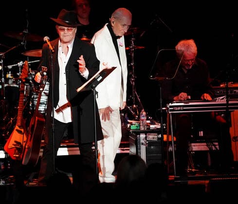 November 15, 2021, Los Angeles, CA, USA: Musician-Actors-MICHAEL NESMITH and MICKY DOLENZ on stage together for the last time as they wrapped up the Monkees 2021 Farewell Tour at the Greek Theater, Los Angeles, CA, USA, November 14, 2021. his farewell tour will mark the end of a unique project that began in 1965 when four young men were cast in a television show about a struggling rock band that was inspired by the BeatlesÃ¢â‚¬â ¢ A Hard DayÃ¢â‚¬â ¢s Night. Few could have predicted the impact The Monkees would have on music and pop culture at large, one that still reverberates more than 50 years later...Formed in Los Angeles for the eponymous television series, the quartet of Dolenz, Nesmith, the late Peter Tork and the late Davy Jones bro - ZUMAmt3_ 20211115_zaf_mt3_010 Copyright: xScottxMitchellx