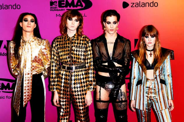 Ethan Torchio, Thomas Raggi, Damiano David and Victoria De Angelis of Maneskin at the MTV European Music Awards 2021 ceremony at Laszlo Papp Sports Arena Budapest, 14 11 2021. Foto:xR.xWagnerx xFuturexImage