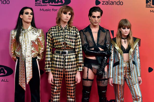 Ethan Torchio, Thomas Raggi, Damiano David and Victoria De Angelis of Maneskin at the MTV European Music Awards 2021 ceremony at Laszlo Papp Sports Arena Budapest, 14 11 2021. Foto:xH.xZwanzigerx xFuturexImage