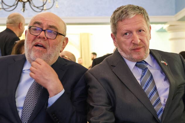 MOSCOW, RUSSIA â€“ NOVEMBER 15, 2021: Russian Jewish Congress President Yuri Kanner (L) and Israel s Ambassador to Russia Alexander Ben Zvi attend a ceremony to present the Sergei Vainshtein Prize at the Ukraina Hotel. Established by the STMEGI International Charitable Foundation of Mountain Jews in 2015, the prize is awarded for contributions to preserving and developing culture of Mountain Jews. The prize is named after Sergei Vainshtein, historian and cultural anthropologist, specialist in the field of Judaism and ethnography of the peoples of the Caucasus. Anton Novoderezhkin TASS  TS118058