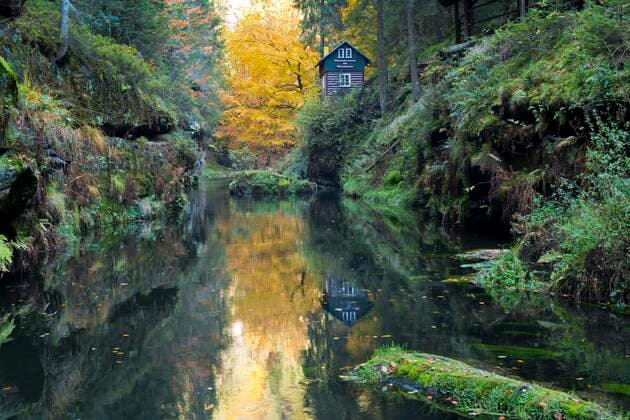 Herbst in der Edmundsklamm mit Fluss Kamenice (deutsch Kamnitz), Kernzone Nationalpark Sächsische Böhmische Schweiz, Elbsandsteingebirge, Hrensko, Decin, Tschechien, Europa *** Autumn in Edmundsklamm with river Kamenice german Kamnitz , Core Zone National Park Saxon Bohemian Switzerland, Elbe Sandstone Mountains, Hrensko, Decin, Czech Republic, Europe Copyright: imageBROKER OlafxSchubert iblolf07162537.jpg