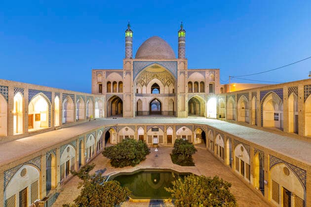Iran, Isfahan Province, Kashan, Agha Bozorg Mosque at blue hour, Kashan Isfahan Province Iran Agha Bozorg Mosque FP00207