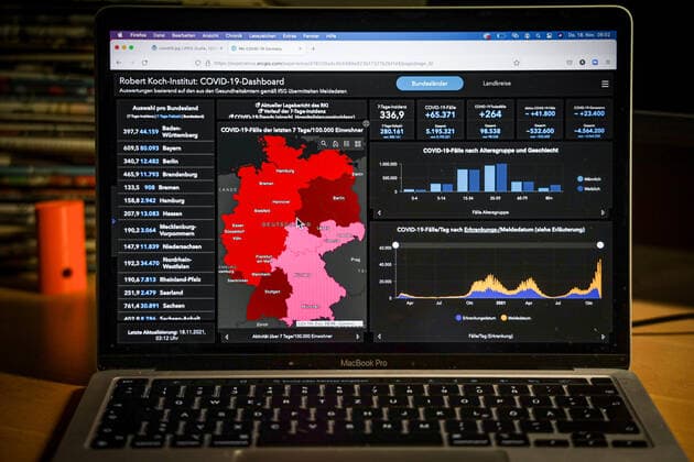 Coronavirus in Germany Covid 19 Dashboard of the Robert Koch Institute 18 11 2021 Robert Koch Institute 7 days Incidence 336.9 7 days Number of cases 280 161 COVID 19 cases 5 195 321 Addition of 65 371 compared to the previous day COVID 19 deaths 98 538 Addition of 264 compared to the previous day