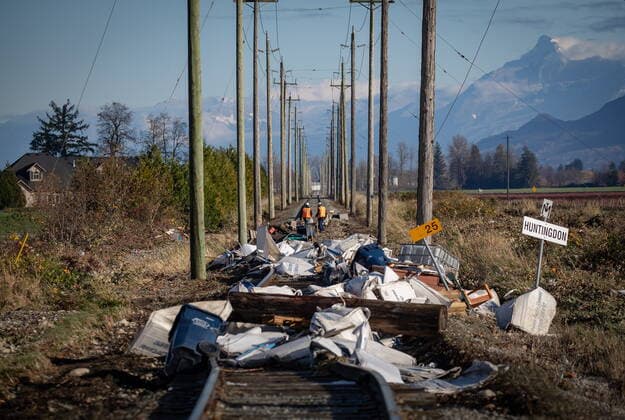 November 19, 2021, ABBOTSFORD, BC, Canada: Southern Railway of British Columbia (SRY Rail Link) employees survey a section of rail lines that are washed out in numerous places and covered in flood debris after water receded in Abbotsford, B.C., Friday, Nov. 19, 2021. ABBOTSFORD Canada  - ZUMAc35_ 20211119_zaf_c35_110 Copyright: xDarrylxDyckx