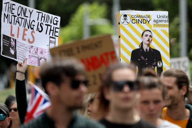 New Zealand Protesters March Against COVID-19 Restrictions Members of the public hold a picture of the Prime Minister Jacinda Ardern during a protest march organized by Freedom and Rights Coalition to demand an end to Covid-19 restrictions and mandatory vaccination in Christchurch, New Zealand on November 20, 2021. Ninety-one percent of New Zealanders over the age of 12 have had their first dose, and 82 per cent are fully vaccinated. So far the country has reported 9,652 cases and 38 deaths by November 19. Christchurch New Zealand  Copyright: xSankaxVidanagamax vidanagama-notitle211120_npsN7
