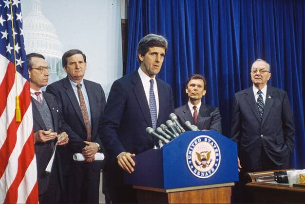 January 13, 1993, Washington, District of Columbia, USA: From left to right: United States Senator Chuck Grassley (Republican of Iowa), US Senator Bob Smith (Republican of New Hampshire), US Senator John Kerry (Democrat of Massachusetts), US Senator Tom Daschle (Democrat of South Dakota), US Senator Jesse Helms (Republican of North Carolina), attend a press conference in the US Capitol in Washington, DC where they released a report on MIA POWs on January 13, 1993 Washington USA - ZUMAs152 19930113_zaa_s152_003 Copyright: xRonxSachsx