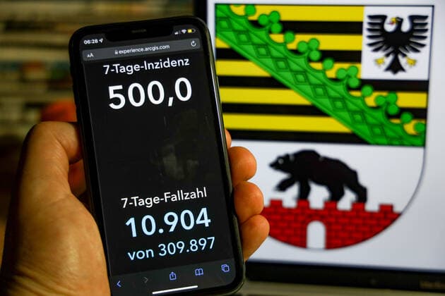 Coronavirus in Deutschland - Covid-19-Dashboard des Robert Koch-Institut DEU, Deutschland, Sachsen-Anhalt 21.11.2021: Die 7-Tage-Inzidenz für das Bundesland (Fälle letzte 7 Tage 100.000 EW) wird auf einem iPhone angezeigt, im Hintergrund das Landeswappen