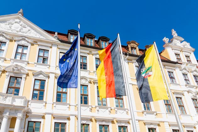 Landtag von Sachsen-Anhalt (State Parliament of Saxony-Anhalt), flags of Europe, Germany and Saxony-Anhalt Magdeburg Sachsen-Anhalt, Saxony-Anhalt Germany