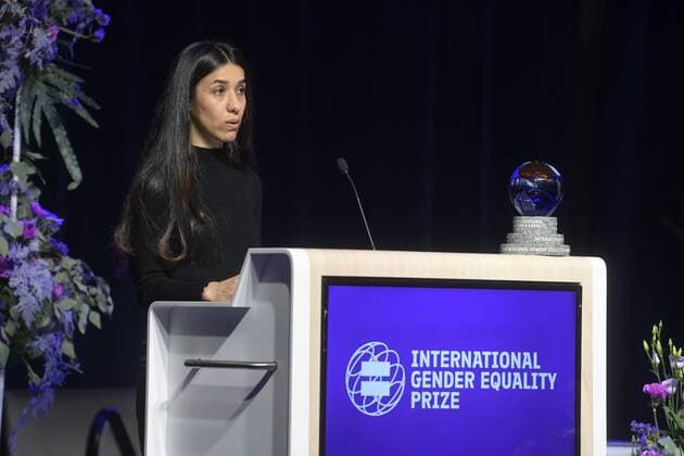 Yazidi activist and the co-recipient of the 2018 Nobel Peace Prize, Nadia Murad speaking the International Gender Equality Prize ceremony at the Tampere Hall in Tampere, Finland, on November 22, 2021. The prize is awarded to a person or organisation that has advanced gender equality in a globally significant way. Tampere Finland  Copyright: xVesaxMoilanenx LKFTJK20211122161611UQIB