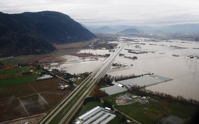 November 22, 2021, Abbotsford, BC, CANADA: Flooded farms are seen along the Trans-Canada Highway in this aerial photo in Abbotsford, B.C., on Monday, November 22, 2021. Abbotsford CANADA  - ZUMAc35_ 20211122_zaf_c35_115 Copyright: xDarrylxDyckx