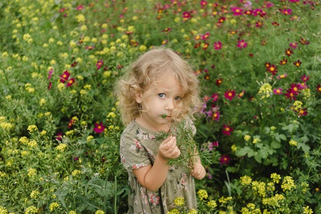 Girl holding plant standing amidst flowering plants model released, SEAF00076