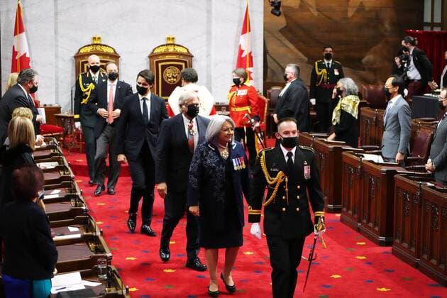 November 23, 2021, Ottawa, ON, Canada: Gov. Gen. Mary Simon, her husband Whit Fraser and Prime Minister Justin Trudeau leave after the Speech from the Throne Speech in the Senate in Ottawa on Tuesday, Nov. 23, 2021. Ottawa Canada  - ZUMAc35_ 20211123_zaf_c35_085 Copyright: xSeanxKilpatrickx