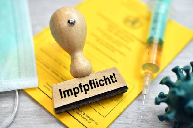 PHOTOMONTAGE, stamp on vaccination certificate with inscription vaccination obligation ** NUR FUER REDAKTIONELLE ZWECKE ** EDITORIAL USE ONLY **