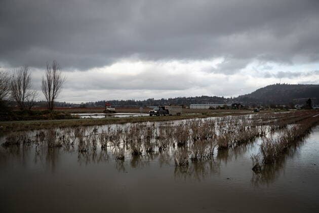 November 23, 2021, ABBOTSFORD, BC, CANADA: A truck pulling a livestock trailer drives past still partially flooded farmland in Abbotsford, B.C., on Tuesday, November 23, 2021. ABBOTSFORD CANADA  - ZUMAc35_ 20211123_zaf_c35_133 Copyright: xDarrylxDyckx