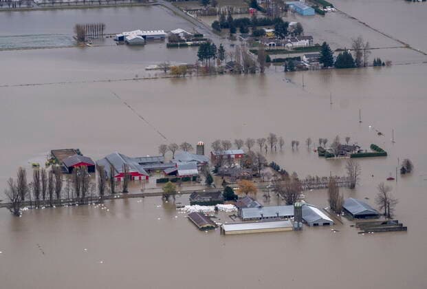 November 23, 2021, ABBOTSFORD, BC, CANADA: Flood waters surround a farm in Abbotsford, B.C., Tuesday, November 23, 2021. ABBOTSFORD CANADA  - ZUMAc35_ 20211123_zaf_c35_179 Copyright: xJonathanxHaywardx