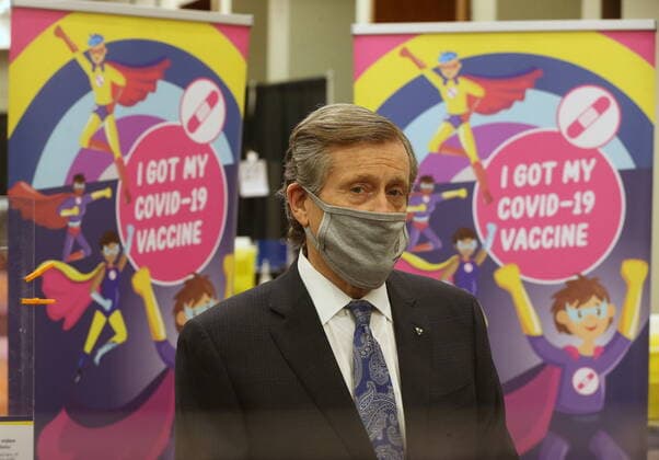 November 23, 2021, Toronto, on, Canada: Toronto Mayor John Tory. Children who are part of the Hospital for Sick Children family between the ages of 5 and 11 years of age are some of the first to get vaccinated for COVID-19 at the Metro Toronto Convention Centre, in Toronto, Tuesday, Nov. 23, 2021. Toronto Canada  - ZUMAc35_ 20211123_zaf_c35_260 Copyright: xStevexRussellx