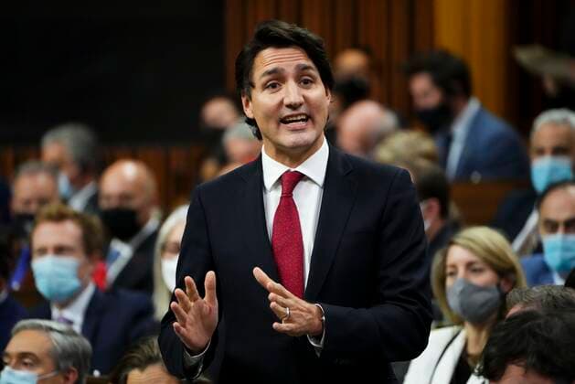 November 24, 2021, Ottawa, on, Canada: Prime Minister Justin Trudeau rises during question period in the House of Commons on Parliament Hill in Ottawa on Wednesday, Nov. 24, 2021. Ottawa Canada  - ZUMAc35_ 20211124_zaf_c35_096 Copyright: xSeanxKilpatrickx