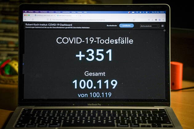 Coronavirus in Germany Covid 19 Dashboard of the Robert Koch Institute Germany has crossed the threshold of 100 000 corona deaths 25 11 2021 Robert Koch Institute 7 days Incidence 419.7 7 days Number of cases 349 034 COVID 19 cases 5 573 756 Addition of 75 961 compared to the previous day COVID 19 deaths 100 119 Addition of 351 compared to the previous day