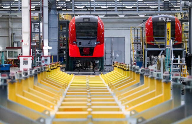 SVERDLOVSK REGION, RUSSIA â€“ NOVEMBER 25, 2021: Assembling Lastochka electric multiple units at the Ural Locomotives Plant, a joint venture by Sinara Transport Machines and Siemens, in the town of Verkhnyaya Pyshma. Ural Locomotives LLC has been operating since 1 July 2010. Ural Locomotives focuses on designing, manufacturing, selling and providing maintenance of traction rolling stock and electric multiple units, including electric freight locomotives and Lastochka electric multiple units. Donat Sorokin TASS  TS119519