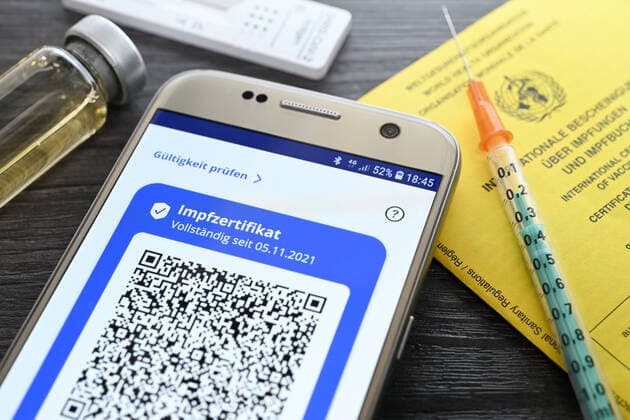 Digital vaccination certificate on smartphone, vaccination card, vaccination syringe and rapid test, symbol photo digital vaccination certificate and 2G rule. ** NUR FUER REDAKTIONELLE ZWECKE ** EDITORIAL USE ONLY **