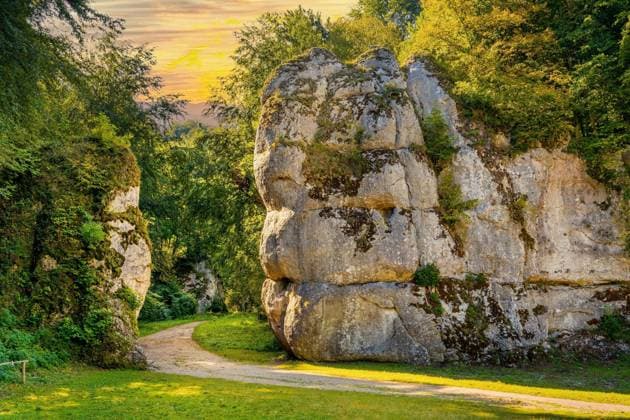 Cracow Gate - Brama Krakowska - Jurassic limestone rock gate formation in Pradnik creek valley of Cracow-Czestochowa upland in Ojcow in Lesser Poland  BEW1DDC3F49