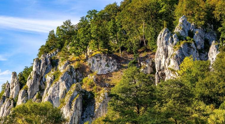 Crown rocks - Skaly Koronne - Jurassic limestone mountain massif with Glove Rock - Rekawica - in Pradnik creek valley of Cracow-Czestochowa upland in Lesser Poland  BEW1DDC3F85