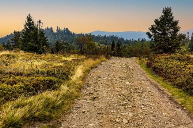 Panoramic view of Beskidy Mountains towards Babia Gora seen from Potrojna peak in Little Beskids in Lesser Poland  BEW1DF6AE0F