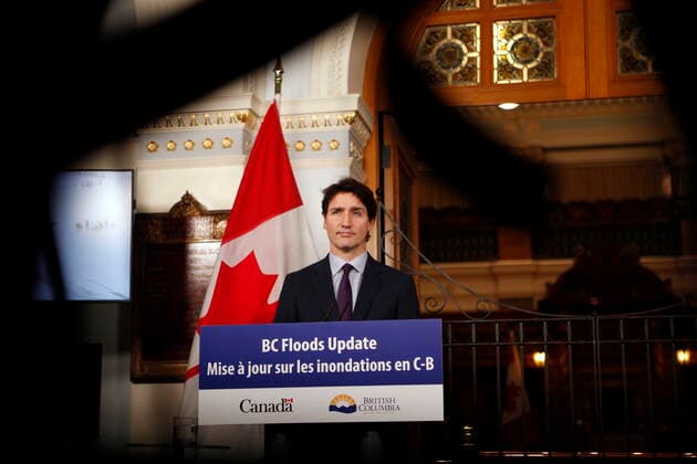 November 26, 2021, VICTORIA, BC, CANADA: Prime Minister Justin Trudeau and Premier John Horgan talk to media about the recent flooding in the province at the legislature during a press conference in Victoria, B.C., on Friday, November 26, 2021. VICTORIA CANADA  - ZUMAc35_ 20211126_zaf_c35_242 Copyright: xChadxHipolitox
