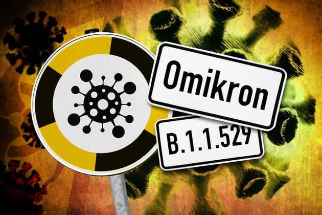 PHOTOMONTAGE, coronavirus and warning sign, symbol photo Omikron variant B 1 1 529 ** NUR FUER REDAKTIONELLE ZWECKE ** EDITORIAL USE ONLY **