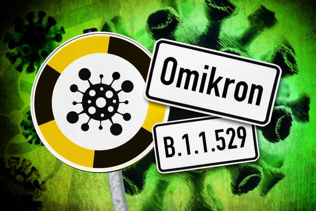 PHOTOMONTAGE, coronavirus and warning sign, symbol photo Omikron variant B 1 1 529 ** NUR FUER REDAKTIONELLE ZWECKE ** EDITORIAL USE ONLY **