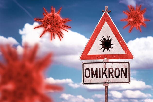 Germany - 28 November 2021: Coronavirus Covid-19 warning sign Omikron mutation variant B.1.1.529, danger due to infection and spread of the new mutant