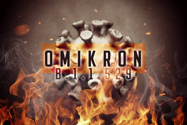 PHOTOMONTAGE, coronavirus with flames and lettering Omikron, symbol photo Omikron variant B 1 1 529 ** NUR FUER REDAKTIONELLE ZWECKE ** EDITORIAL USE ONLY **