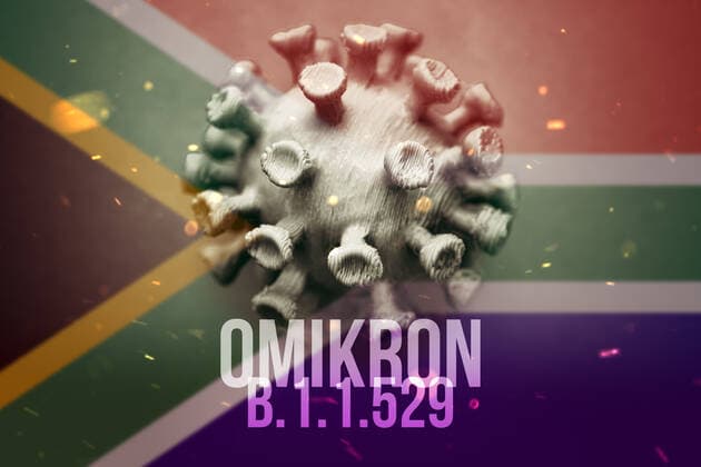 PHOTOMONTAGE, coronavirus with flag of South Africa and lettering Omikron, symbol photo Omikron variant B 1 1 529 ** NUR FUER REDAKTIONELLE ZWECKE ** EDITORIAL USE ONLY **