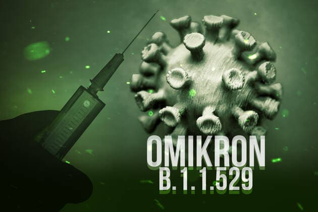 PHOTOMONTAGE, coronavirus with lettering Omikron and hand with vaccination syringe, symbol photo Omikron variant B 1 1 529 ** NUR FUER REDAKTIONELLE ZWECKE ** EDITORIAL USE ONLY **