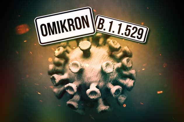 PHOTOMONTAGE, coronavirus with writing Omikron, symbol photo Omikron variant B 1 1 529 ** NUR FUER REDAKTIONELLE ZWECKE ** EDITORIAL USE ONLY **