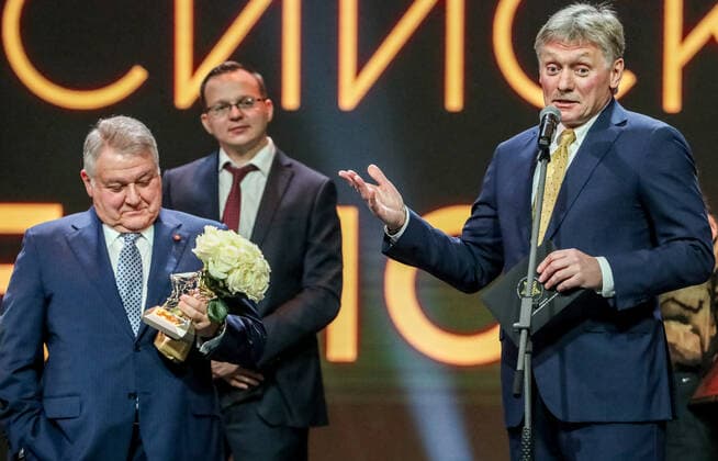 MOSCOW, RUSSIA â€“ NOVEMBER 28, 2021: Kurchatov Institute director Mikhail Kovalchuk (L front) and President Putin s spokesman Dmitry Peskov (R) at the 7th award ceremony for the â€˜For Fidelity To Scienceâ€™ Prize at the State Kremlin Palace. The For Fidelity to Science Prize is awarded annually for outstanding contribution to scientific communication and promotion of science and the prestige of scientists and engineers in Russia. Sergei Karpukhin TASS  TS119E42
