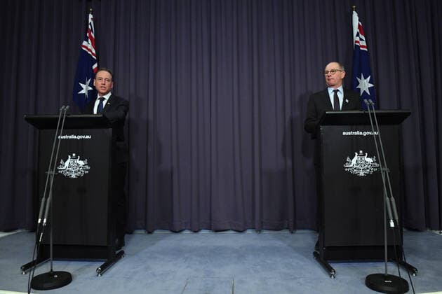 GREG HUNT COVID19 OMICRON PRESSER, Minister for Health Greg Hunt and Chief Health Officer Paul Kelly at a press conference at Parliament House in Canberra, Monday, November 29, 2021. ( NO ARCHIVING, EDITORIAL USE ONLY, NO USE IN BOOKS WITHOUT CONSENT CANBERRA ACT AUSTRALIA  Copyright: xMICKxTSIKASx 20211129001601242823