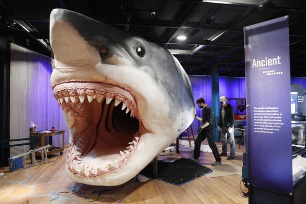 Workers from the American Museum of Natural History Exhibition craft and assemble a massive, 27-foot-long, 10-foot-tall model of the ancient shark megalodon as part of the American Museum of Natural History s new exhibition Sharks opening December 15 in New York City on Tuesday, November 30, 2021.  NYP20211130101 JohnxAngelillo