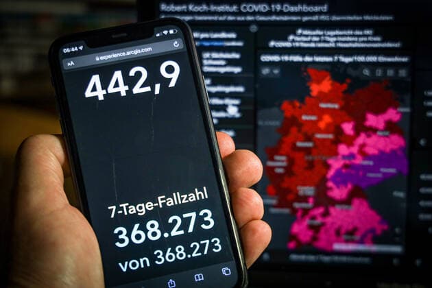 Coronavirus in Germany Covid 19 Dashboard of the Robert Koch Institute 01 12 2021 Robert Koch Institute 7 days Incidence 442.9 7 days Number of cases 368 273 COVID 19 cases 5 903 999 Addition by 67 186 the previous day COVID 19 deaths 101 790 Addition by 446 compared to the previous day