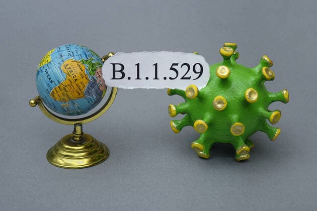 Corona model and globe with B 1 1 529 Corona model and globe with B 1 1 529, 30 11 2021, Borkwalde, Brandenburg, Between a corona model and a globe is the writing B 1 1 529