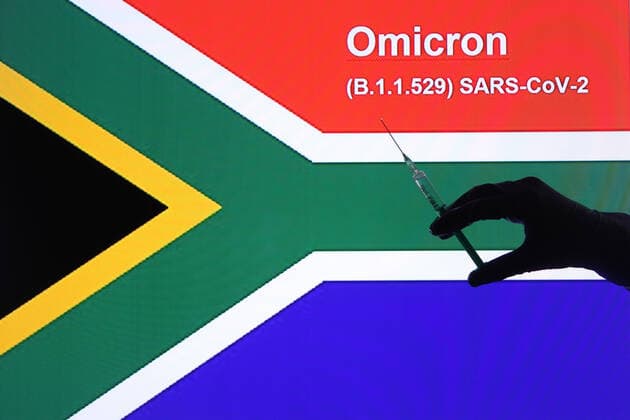 Wind theme image Omicron, Omicron variant, mutant, new virus variant of coronavirus from South Africa, Omicron theme image Omicron, Omicron variant, mutant, new virus variant of coronavirus from South Africa, Omicron Omicron, Omicron, SARS Cov 2, B 1 1 529, coronavirus, silhouette with syringe and gloves, finger, vaccine Copyright: xFleigx xEibner-Pressefotox EP_dfg