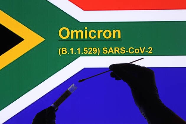 Wind theme image Omicron, Omicron variant, mutant, new virus variant of coronavirus from South Africa, Omicron theme image Omicron, Omicron variant, mutant, new virus variant of coronavirus from South Africa, Omicron Omicron, Omicron, SARS Cov 2, B 1 1 529, coronavirus, silhouette with syringe and gloves, finger, vaccine Copyright: xFleigx xEibner-Pressefotox EP_dfg