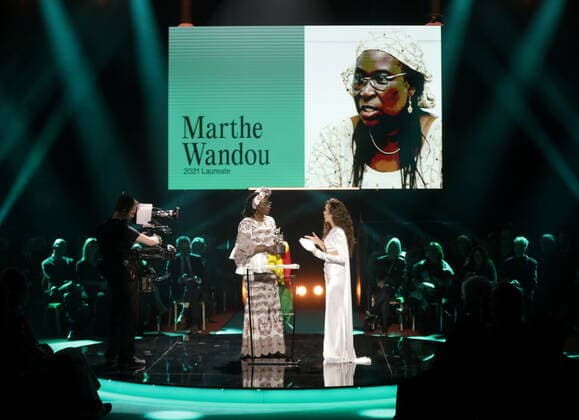 Laureate Marthe Wandou, Cameroon, and presenter Gina Dirawi at the 2021 Right Livelihood Award ceremony at Cirkus, in Stockholm, Sweden on December 01, 2021 Wandou received the prize for building a model of community based child protection in the face of terrorist insurgency and gender based violence in the Lake Chad region of Cameroon Stockholm Sweden x1037x,  Copyright: xSörenxAnderssonx xTTx SWEDEN RIGHT LIVELIHOOD AWARD