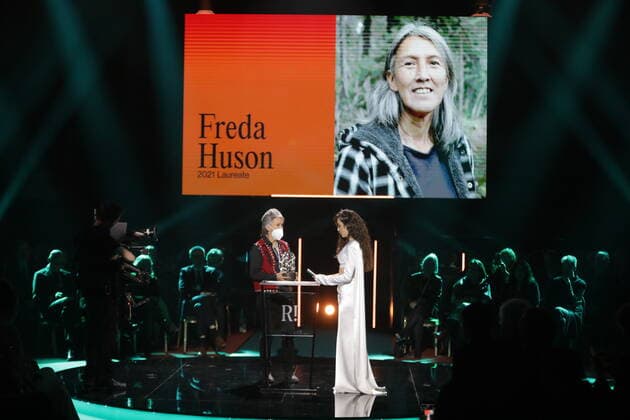 Laureate Freda Huson, Canada, with presenter Gina Dirawi, at the 2021 Right Livelihood Award ceremony at Cirkus, in Stockholm, Sweden on December 01, 2021 Huson received the prize for her fearless dedication to reclaiming her people’s culture and defending their land against disastrous pipeline projects Stockholm Sweden x1037x,  Copyright: xSörenxAnderssonx xTTx SWEDEN RIGHT LIVELIHOOD AWARD