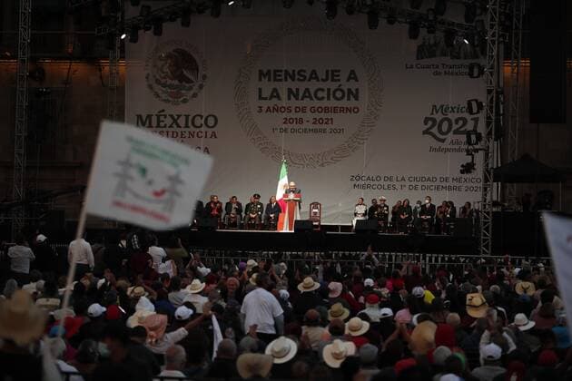 The President of Mexico, Andres Manuel Lopez Obrador, speaks during his third Government report in the Zocalo of Mexico City, Mexico, 01 December 2021. Lopez Obrador declared this Wednesday that his Government is standing despite the covid-19 pandemic during an event with more than 100,000 people to celebrate the first three years of his six-year term. Friends, friends, as in the best of times, we return to concentrate in this democratic Zocalo of the capital of the Republic. Today we celebrate 3 years of Government and we are standing despite the pandemic that has caused us so much pain , he said. Lopez Obrador says his Government is standing up despite the pandemic !ACHTUNG: NUR REDAKTIONELLE NUTZUNG!  Copyright: xJoséxMéndezx MEX8922 20211202-a0a63bc82d0bb9e1502a0b04a6988bc9973d60d0